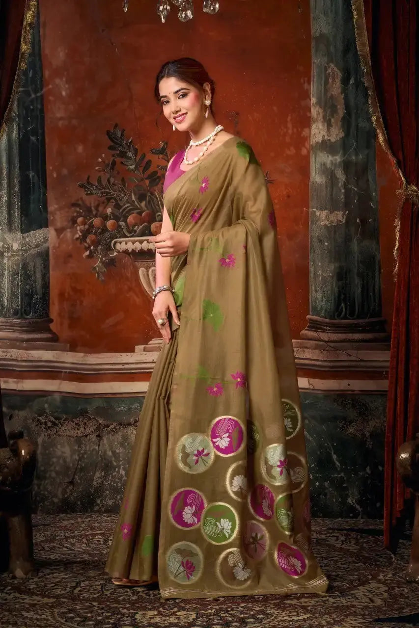 Brown Jacquard Weaving Saree Cotton front drape – zari border, woven pallu | KS313 Kalyanja